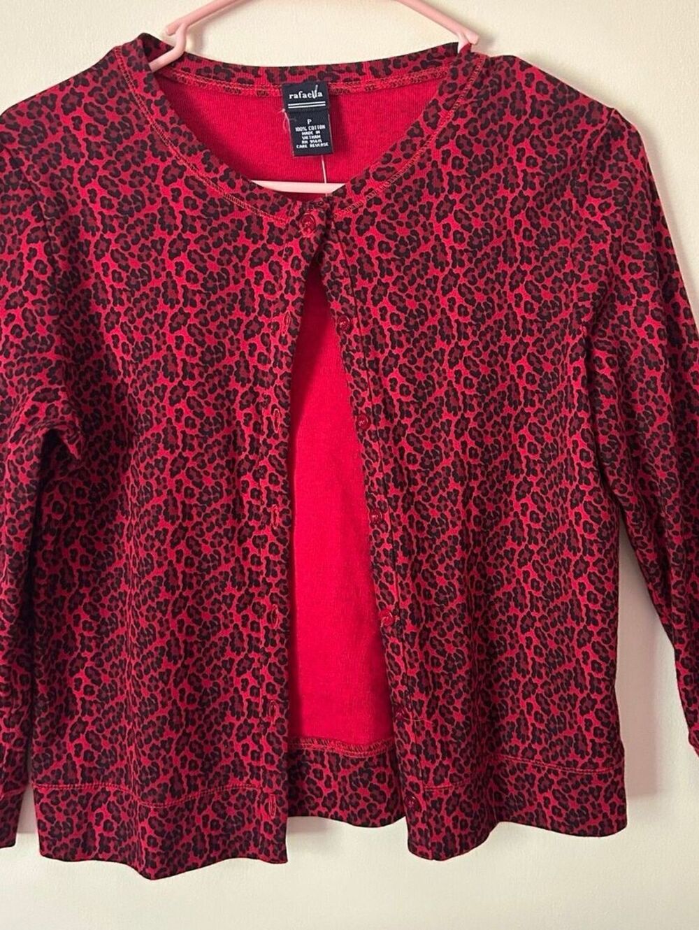 Rafaella Red Cheetah Leopard Print Cardigan Small 100% Cotton Office Siren